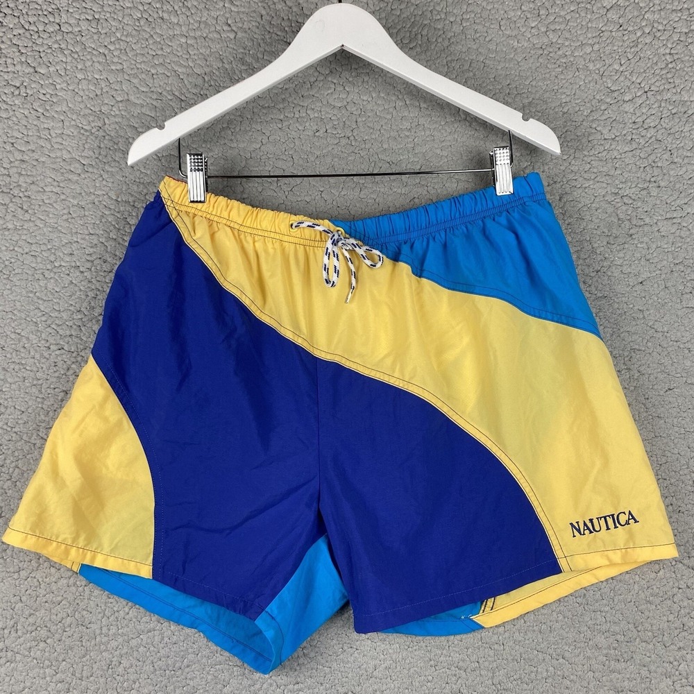 VTG NAUTICA Mens Swim Trunks L Striped Color Block Mesh Lined Boardshorts‎ 1990s